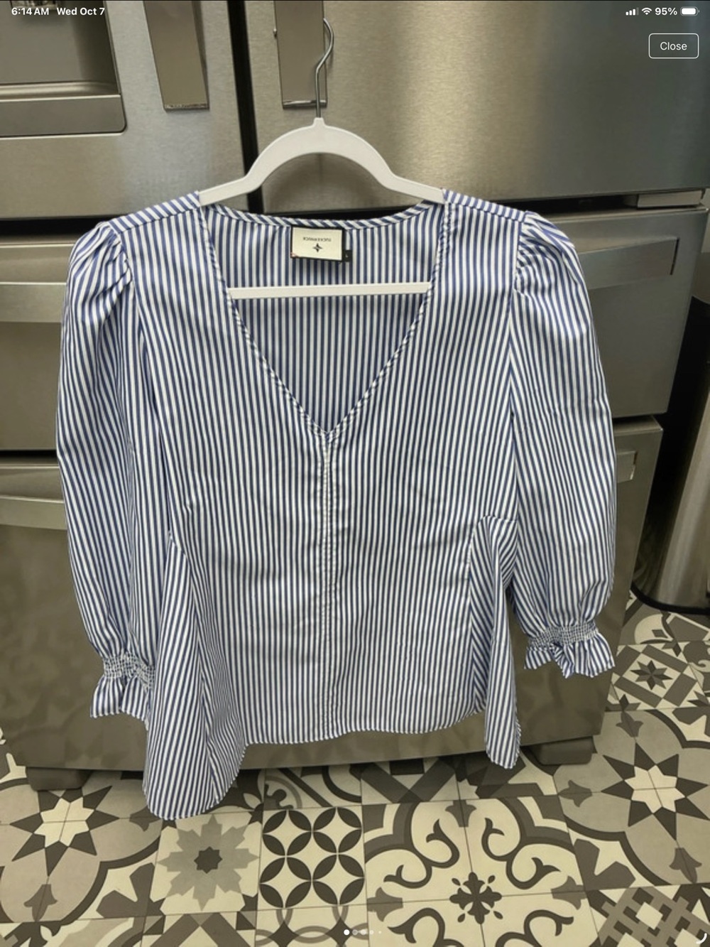 Tuckernuck Blue and White Striped V-Neck Puff Sleeve Blouse